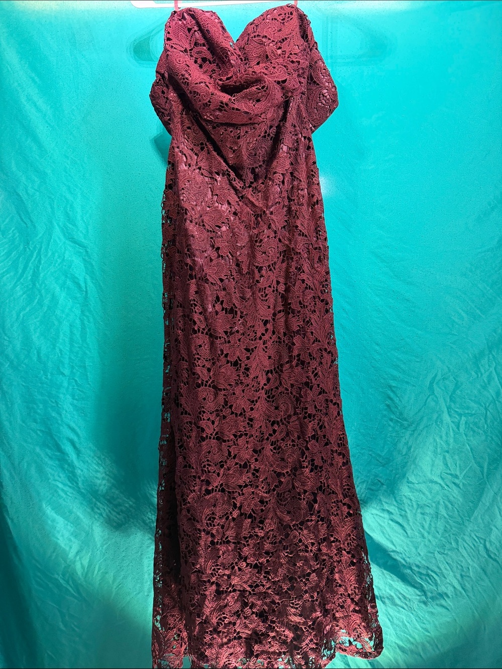 Lulu's Burgundy Lace Strapless Gown